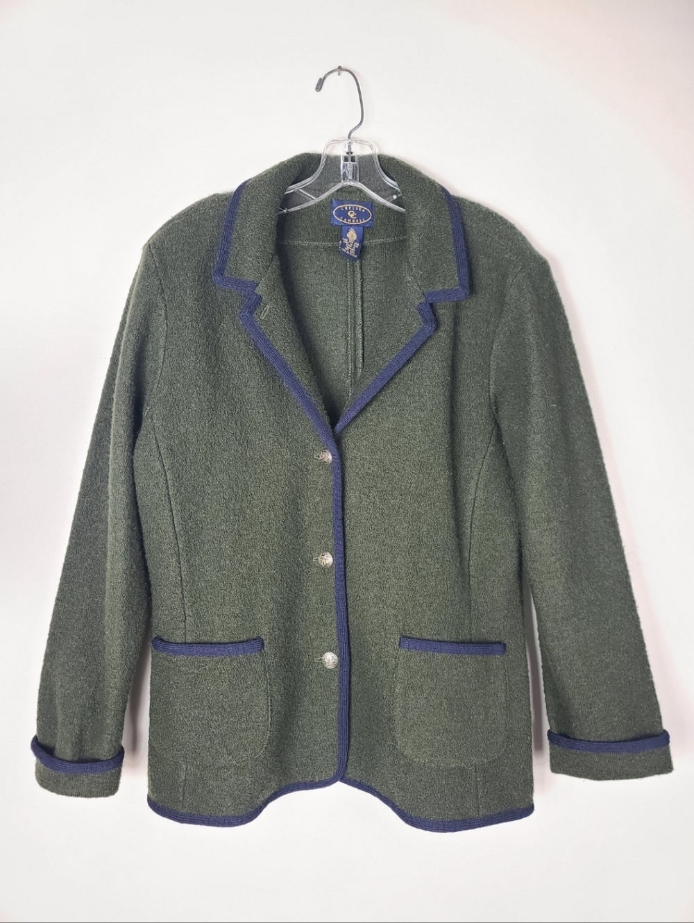 Green Contrast-Trim Women's Cardigan Blazer - Picture 2 of 10